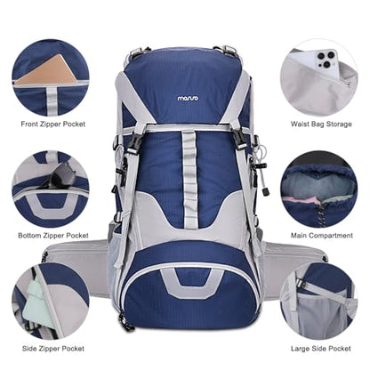 MOSISO 50L Hiking Backpack, Waterproof Camping Backpack with Rain Cover for Men Women, Lightweight Sport Daypack for Outdoor Camping Travel, Navy Blue