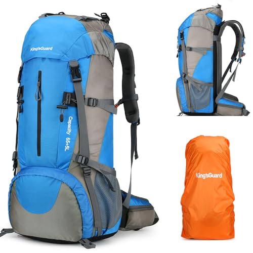 King'sGuard 70L Hiking Backpack with Rain Cover Lightweight Waterproof Travel Camping Backpack Large Backpacking Pack - color: Light Blue