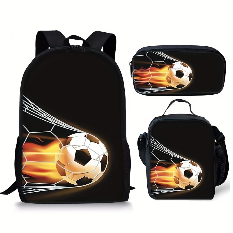 3PCS Soccer Backpack Set, 16" Lightweight Football Daypack, Soccer Ball Print Casual Laptop Backpack for Travel Camping Work (style-3) - color: Style-3
