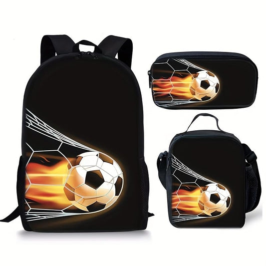 3PCS Soccer Backpack Set, 16" Lightweight Football Daypack, Soccer Ball Print Casual Laptop Backpack for Travel Camping Work (style-3) - color: Style-3