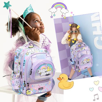 16 Inch Girls Backpack for Preschool Kindergarten Elementary School, Multi Pocket Purple School Backpack Lightweight Kawaii - color: Cute Yellow Duck