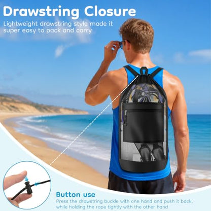 BROTOU Drawstring Backpack Gym String Bag with Pocket for Men Women Heavy Duty Mesh Bag Sport Equipment Bag for Swimming Yoga Beach Laundry - color: Black backpack-1pc