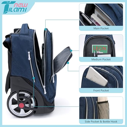 NEW TILAMI 19 inch Rolling Backpack Teens Rolling Backpack Cute Wheeled Laptop Backpack Bookbag Roller Travel Bag College, Navy Blue - color: Navy Blue