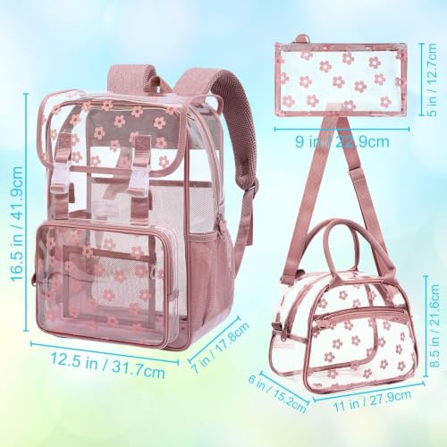 3Pcs Clear Backpack for School, Girls Kids Transparent Bookbag Set, 17" Stadium Approved See Through Backpack with Lunch Box (Pink) - color: Plum Blossom Pink