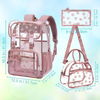 3Pcs Clear Backpack for School, Girls Kids Transparent Bookbag Set, 17" Stadium Approved See Through Backpack with Lunch Box (Pink) - color: Plum Blossom Pink