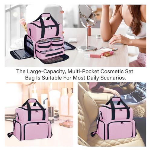 Large Makeup Cosmetic Bag with 3 Removable Case and 2 Removable Dividers Double Layer Travel Storage Organizer, Makeup Brushes Storage Section Pink - color: Pink