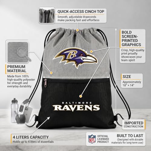 FOCO Baltimore Ravens Big Logo Drawstring Backpack with Zippered Pocket - Limited Edition Ravens Bag - NFL Gear - Officially Licensed Fan Gear - color: Baltimore Ravens