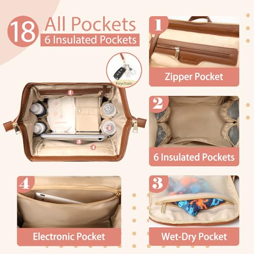 Omanmoli Diaper Bag Backpack Leather Large Baby Diaper Bag Essentials With 18 Organizing Pockets,6 Insulated Pockets,USB Charging Port,Stroller Straps,Changing Pad (Brown) - color: Brown