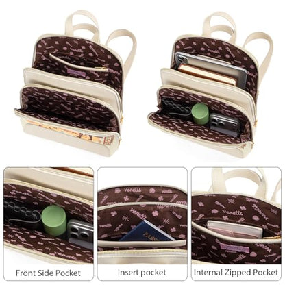 Venetti Cityscape Illustration Mini Backpack for Women and Girls, Cute Small Backpack Purse with Multi-Pocket and Zipper, Light Print Shoulder Bag Leather for Travel Daily Use VN-HB-001-BG - color: Beige