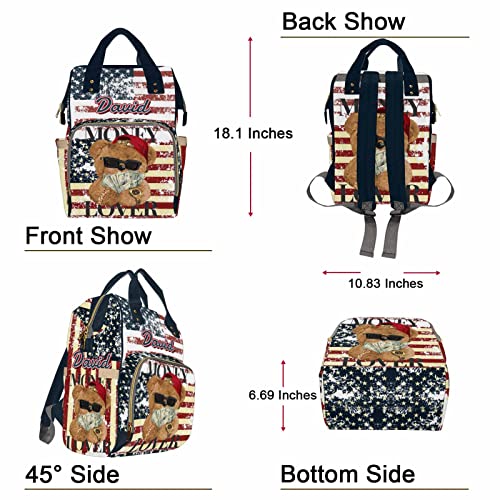 Custom Bear Diaper Bag Backpack for Baby Boy, Personalized Name American Flag Large Nappy Nursing Orangizer Mommy Bags, Waterproof Travel Daypack for Dad Mom Gifts - color: American Flag-bear-02