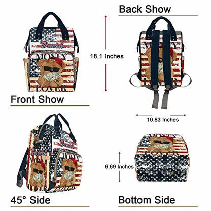 Custom Bear Diaper Bag Backpack for Baby Boy, Personalized Name American Flag Large Nappy Nursing Orangizer Mommy Bags, Waterproof Travel Daypack for Dad Mom Gifts - color: American Flag-bear-02