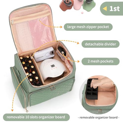 Extra Large Nail Polish Organizer Case Holds 86 to 100+ Bottles Nail Polish & Nail Lamp, Nail Supplies Storage Carrying Bag with 2 Removable Pouches, Portable Nail Tech Travel Box (Green, 86 Slots) - color: Green