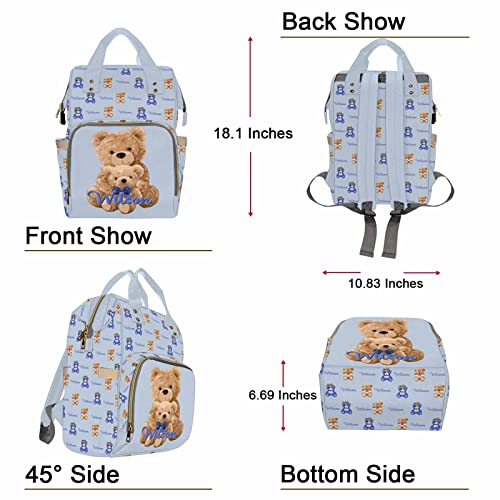 Custom Bear Diaper Bag Backpack for Baby Boy, Personalized Name Cute Cartoon Large Nappy Nursing Orangizer Mommy Bags, Waterproof Travel Daypack for Dad Mom Gifts - color: Bear-blue-02