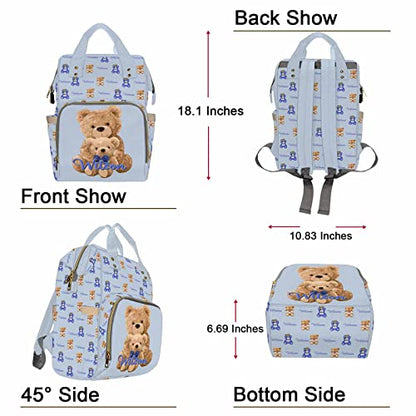 Custom Bear Diaper Bag Backpack for Baby Boy, Personalized Name Cute Cartoon Large Nappy Nursing Orangizer Mommy Bags, Waterproof Travel Daypack for Dad Mom Gifts - color: Bear-blue-02