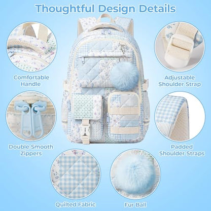 Quilted Backpack for Teen Girls,Cute Blue Patchwork School Backpack with Multi-Pocket Design,Lightweight Cotton Bookbag Fits 15.6" Laptop,Large Capacity Aesthetic Backpack with Plush Charm - color: Blue Green Patchwork