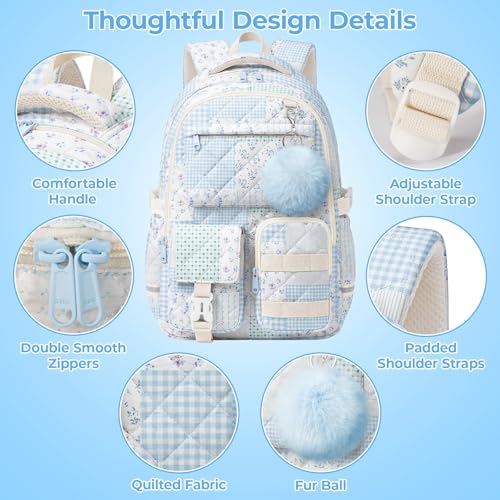 Quilted Backpack for Teen Girls,Cute Blue Patchwork School Backpack with Multi-Pocket Design,Lightweight Cotton Bookbag Fits 15.6" Laptop,Large Capacity Aesthetic Backpack with Plush Charm - color: Blue Green Patchwork
