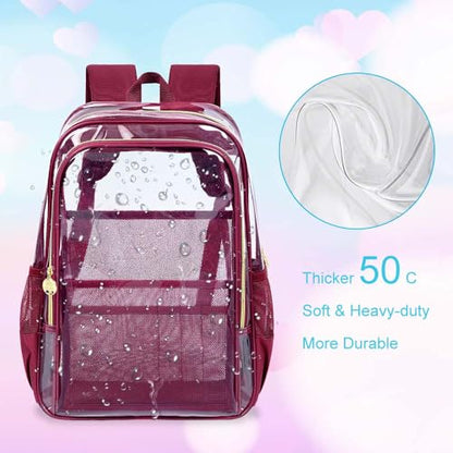 gxtvo Clear Backpack, Heavy Duty Transparent Bookbag, See Through Backpacks for Women Men | Heavy Duty - color: Chic Wine Red Clear Backpack