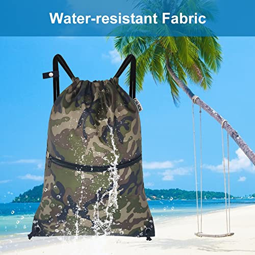 draw string back bag, Large Gym Sports string backpack for men and women with front zipper pocket and inside zipper pocket to keep key or phone (green camo) - color: Green Camo, style: Drawstring With Front Pocket