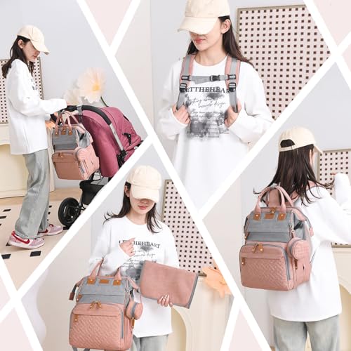 SHITIESHOU Diaper Bag Backpack Baby Bag for Mom Dad with Changing Pad, 19 Pockets, Large Waterproof Travel Baby Girl Boy Toddle Diaper Bag with Insulated Pocket, Baby Shower Gifts, Pink Grey - color: Pink Grey