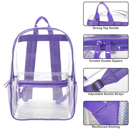 Trail maker Clear Backpack Heavy Duty with Padded Straps, Side Pockets for Kids, Boys, Girls, School, Stadium Approved Events - color: Purple