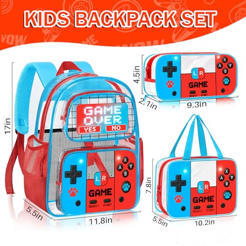 SHPMXUPW 3PCS Clear Backpack for School - Gamer Kids Clear Backpacks for Boys and Girls, Heavy Duty Transparent Bookbag with Lunch Bag and Pencil Case - See Through PVC Transparent Bookbag - color: Blue-Game over