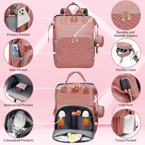 Baby Diaper Bags with Changing Station, Multifunctional Diaper Bag Backpack for Moms Dads with USB Charging Port, Waterproof Travel Diaper, Baby Shower Gifts for Baby Boy & Girls (Pink) - color: Pink