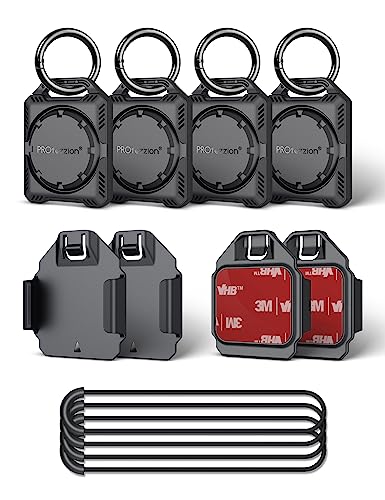 PROfezzion 4-Pack Secure Air Tag 2nd & 1st Gen Holder Case with Key Ring, 3M Adhesive Mount & Loop Strap for Keychain, Dog Collar, Backpack, Luggage Bag & More, IPX8 Waterproof, Full Cover & Discreet - color: Black 4-Pack