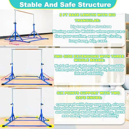 Marfula Gymnastic Bar For Kid and Teenage of 3-25, 5Ft/8 FT Base Length 4Ft Width 5Ft Adjust Height, Gymnastic Kip Bar For Gymnast, Gymnastic Training Equipment For Professional Training Home Club Use - color: Blue(5 Ft Base)