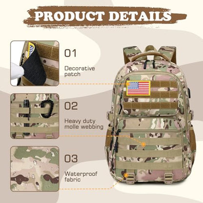 Camo Backpack for Boys, Tactical Boys Backpack with Lunch Box Pencil Case, Kids Backpacks with USB Charging Port, Military Army School Bookbag for Teen Boy Elementary Middle High School Camp - color: Khaki-green