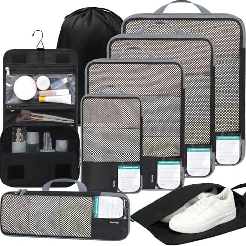 BAGAIL 4 Set/6 Set/8 Set Compression Packing Cubes Travel Accessories Expandable Packing Organizers (Half Mesh, 8-Jet Black) - color: 8-Jet Black, style: Half Mesh