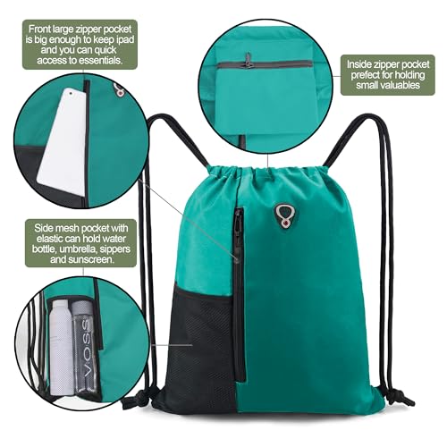BeeGreen Marrs Green Drawstring Backpack Gym Bag For Men & Women – Sports Sackpack with Mesh Water Bottle Holder & 2 Zippered Pockets – Large 16x20 Inch Cinch String Backpack - color: Marrs Green, style: Drawstring With Mesh Pocket
