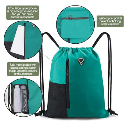 BeeGreen Marrs Green Drawstring Backpack Gym Bag For Men & Women – Sports Sackpack with Mesh Water Bottle Holder & 2 Zippered Pockets – Large 16x20 Inch Cinch String Backpack - color: Marrs Green, style: Drawstring With Mesh Pocket