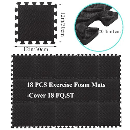 18 PCS 12" x 12" x 0.4" Gym Mats for Home Gym Black Removable Foam Floor Tiles Eva Gym Flooring for Home Cover 18 Sq.Ft Exercise Mats for Workout Interlocking Foam Tiles