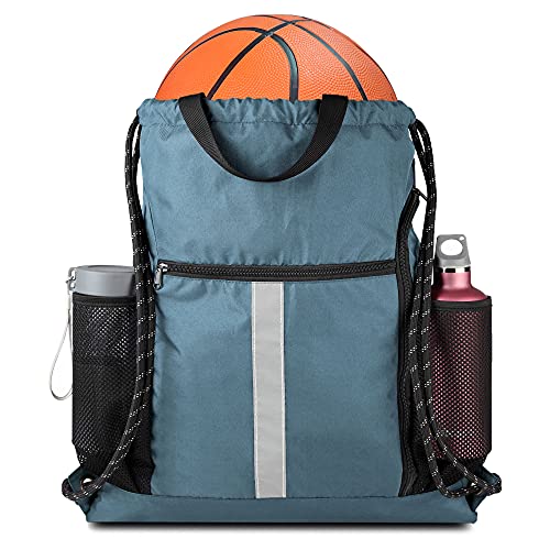 BeeGreen Blue Sport Cinch Bag String Backpack with Shoe Compartment and Two Side Mesh Pockets Machine Washable Sturdy Gymsack Drawstring Sackpack - color: Blue Haze, style: Drawstring With Shoe Compartment