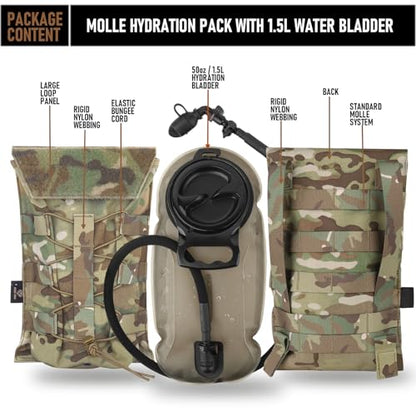 PETAC GEAR 1.5L / 3L Tactical Hydration Pack，Molle Carrier Pouch for 50 oz /100 oz Hydration Bladder Daypack Water Backpack. - color: MC, size: 1.5L combination set