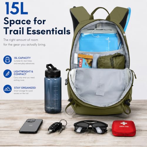 Haimont 15L Lightweight Hiking Daypack, Green | 1.19 lb Carry, Hydration Sleeve, Trekking Pole Loops, Breathable Back Panel, Whistle - color: Green