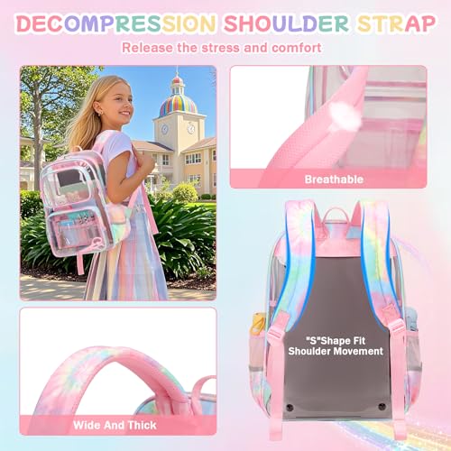 Sisipoet Pink Clear Backpack for Girls Heavy Duty Clear Bookbag, See Through Backpack for School, Stadium Events and Concert, Transparent Backpacks - color: Pink/Tie-dye