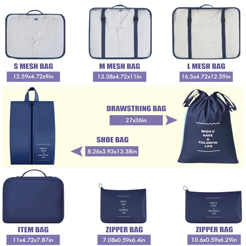 8 Set Packing Cubes For Travel-Travel Essential Carry On Luggage Organizer,Bring Laundry Bag, Shoe Bag, Clothing And Underwear Bag (Nevy Blue) - color: Nevy Blue