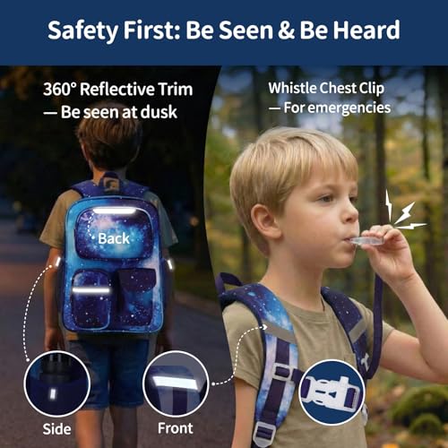 Kids Backpack for Boys - 17 Inch School Bookbag for Grades 3-5 | Elementary Boys Backpack Ages 8-10, Fits Binder Laptop, Reflective Strips, Chest Straps, Comfort Padded S-Straps, Blue Galaxy - color: Blue Galaxy