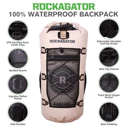 Rockagator Kanarra 90L Waterproof Backpack for Camping, Hiking, Mountaineering, Backpacking, Hunting, Fishing, Canoeing, Outdoor Activities, The Wet Outdoors - Large Capacity, Roll Top Closure, Tan
