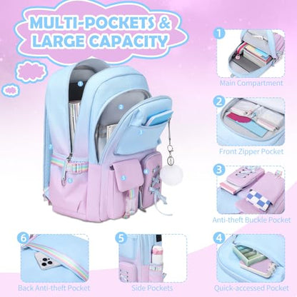 ACESAK Backpacks for Girls, Girls Backpack with Lunch Box and Pencil Case for Teen Kids Elementary Middle High School College Student, Children Backpack Bookbag with USB Charging Port (Blue-purple) - color: Blue-to-purple Gradient