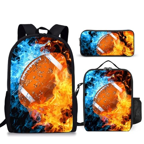 Football Backpack Set for School,17 Inch Casual School Bags with Lunch Box, Kids Daypack Bags and Pencil Case Set for Teens Boys Men Students - color: Ice&fire-football