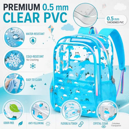 AGSDON Serene Sky Blue Clear Bookbag – Cloud Cat-Print See Through Backpack for Girls Set with Rainbow Strap, Heavy Duty 17" Women Transparent School Bag & Pouch - color: Clear Backpack Set - Cloud Cat Blue