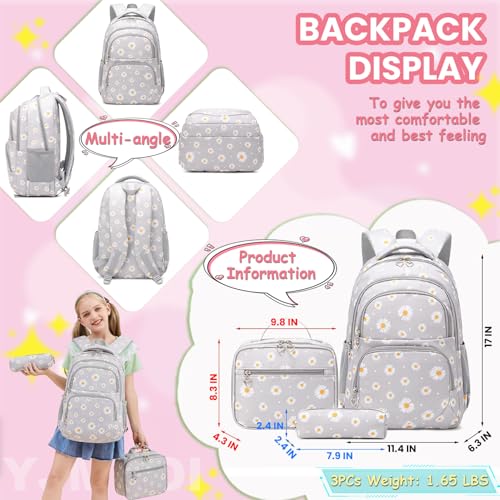 YJMKOI 3Pcs Daisy Prints Backpack for Girls Middle-School Elementary Students Bookbag Set with Lunch Box (Black) - color: Black