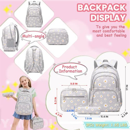 YJMKOI 3Pcs Daisy Prints Backpack for Girls Middle-School Elementary Students Bookbag Set with Lunch Box (Grey) - color: Grey