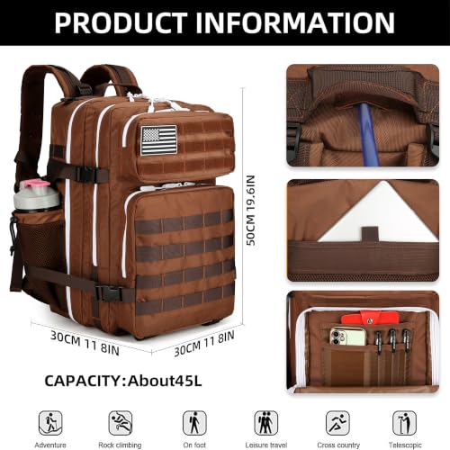 Lovelinks21 45L Tactical Assault Backpack 3 day assault pack with Molle Waterproof backpack Rucksack for Tactical Backpacks (Dark brown) - color: Dark Brown