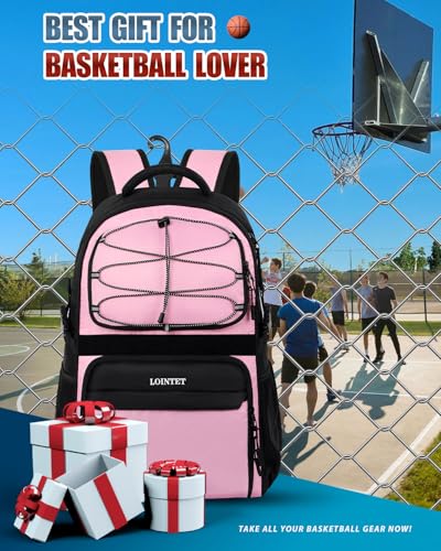 LOINTET Basketball Bag Backpack with Ball Holder Shoes Compartment, Large Basketball Accessories Sports Bag - color: Pink