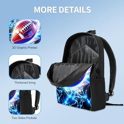 3PCS Boys Backpack, Kids Back To School Backpack with Lunch Box Pencil Case Set, Cool Football Backpack for Boys Teens, 17" Schoolbag Bookbag for Elementary Middle High School Students - color: Light Football