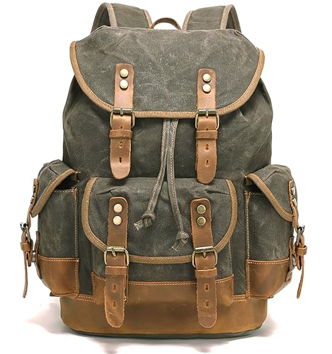 HuaChen Vintage Wax-Coated Canvas & Leather Backpack: Spacious Durable Rucksack for Men & Women, Perfect for Travel, Hiking, and College Life - M86 Army Green with Brown - color: Army Green With Brown
