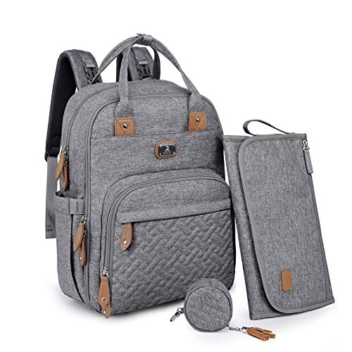 Dikaslon Diaper Bag Backpack with Portable Changing Pad, Pacifier Case and Stroller Straps, Large Unisex Baby Bags for Boys Girls, Multipurpose Travel Back Pack Moms Dads, Gray - color: Grey